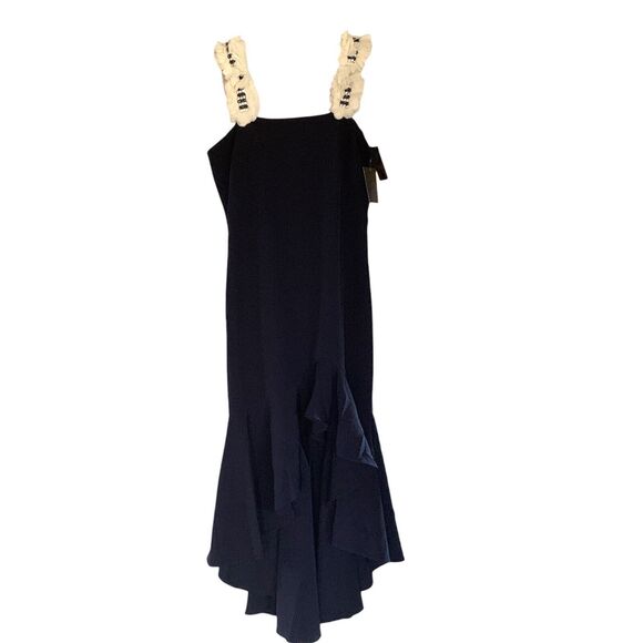 NWT Alexia Admor Navy Blue Flutter Hem Sleeveless Dress Gown Rhinestones 6 - Picture 1 of 9